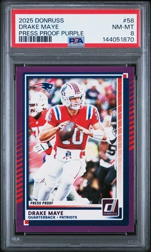 2025 PANINI DONRUSS PRESS PROOF PURPLE #58 DRAKE MAYE ROOKIE RC PSA 8