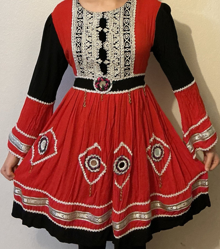 Traditional European Red Black Embroidered Dress with Silver Trim Long Sleeves