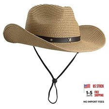 Womens Straw Cowboy Hat, Summer-Beach-Panama Shapeable One Size Khaki/Star Belt