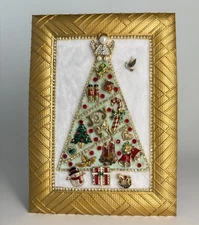 Jeweled Framed Jewelry Art Whimsical Christmas Tree Charms Collage 7 x 5 Stand