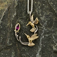 10k & Sterling Silver Keith Jack Rhodlite Gemstone Hummingbird Necklace 18"