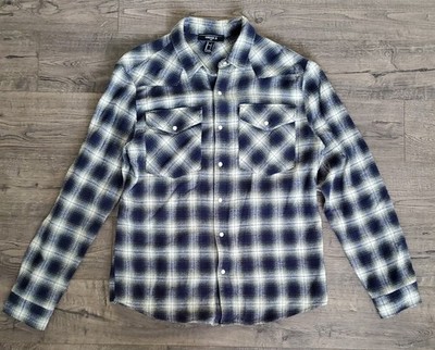 Forever 21 Mens Large 'Pearl Snap' Flannel Green Blue Elbow Patch Plaid Cotton 