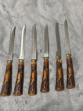 Vtg Imperial Stainless Steel USA 1950’s Steak Knives Faux Stag Handles Set Of 6