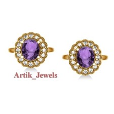 Gemma Naturale Di Ametista Con Gemelli In Argento Placcato Oro 14K #1076