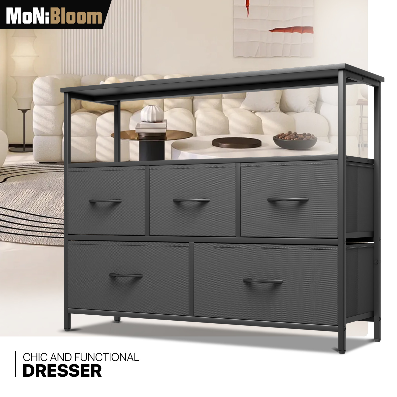 5 Black Drawers Dressers Fabric Chest of Drawers Storage Bedroom Organizer Bins