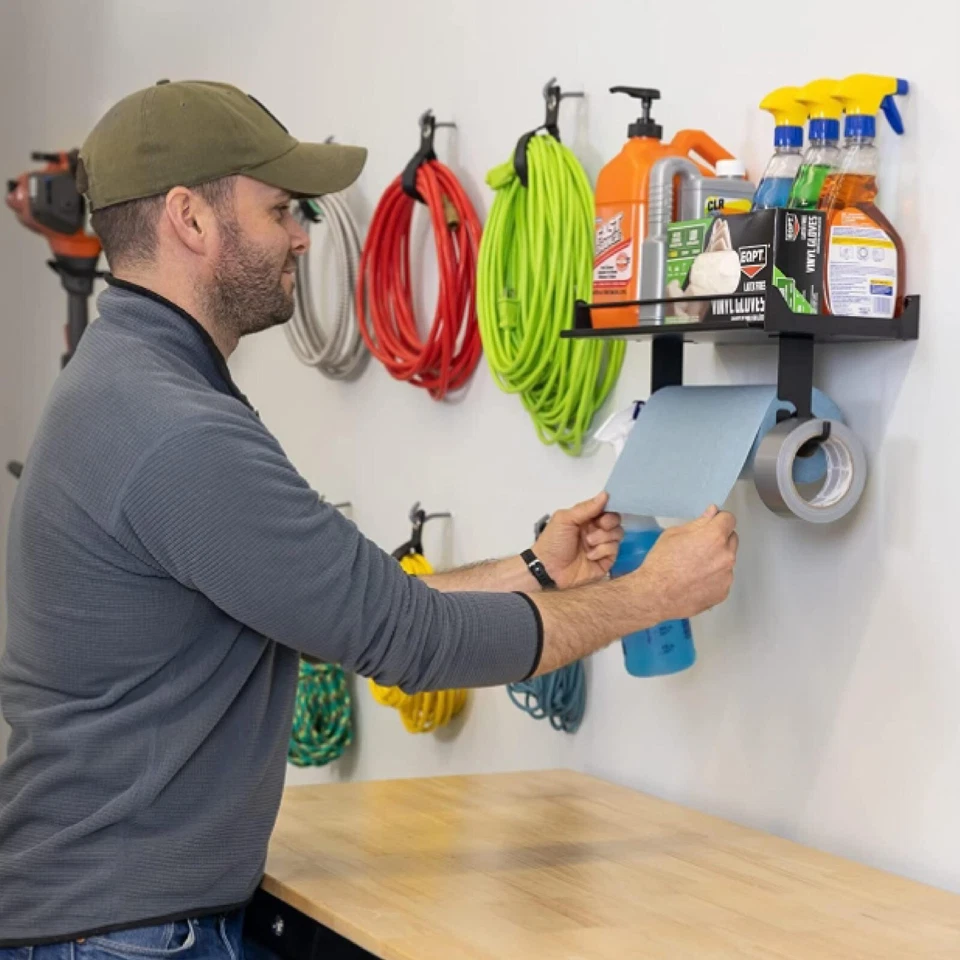Heavy-Duty Garage Storage Shelf w Hooks & Towel Holder - Alloy Steel, Wall Mount - Image 3 of 4