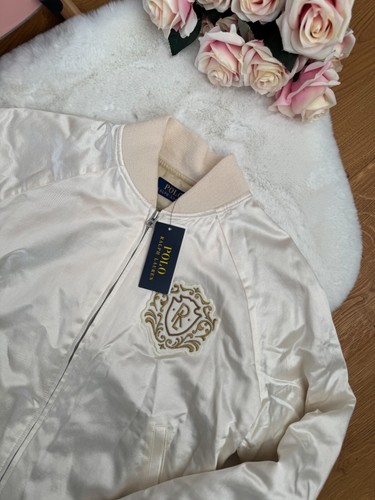 Polo RALPH LAUREN BOMBER JACKET Patch Embroidered Satin White Logo size M Medium - Picture 4 of 19