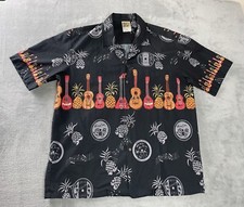 Aloha Hawaiian Music Guitar Hawaii Shirt Men  s XL Cotton Black Pineapple Winnie