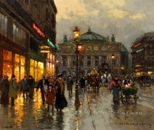 Paris Street Scene at Dusk Oil painting Wall art Giclee Printed on Canvas P2144