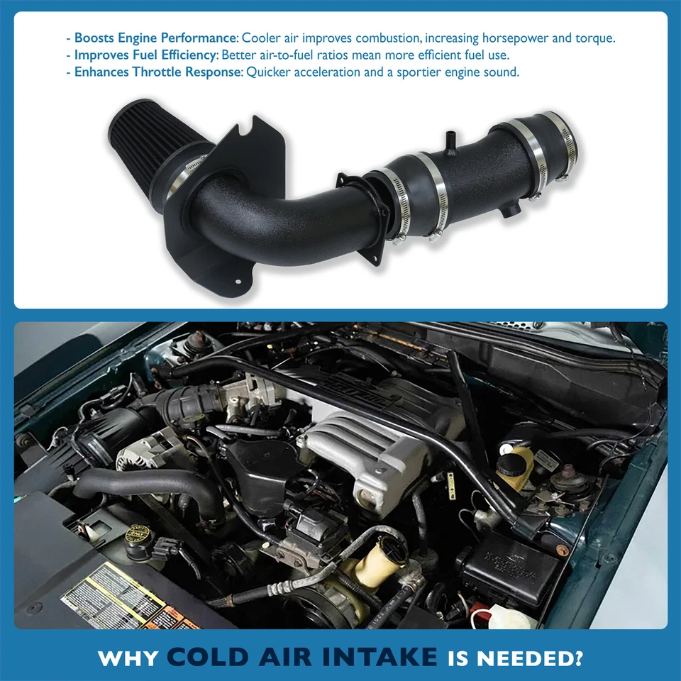 For 94-95 Ford Mustang 5.0 V8 Cold Air Intake Kit Black Pipe +Heat Shield Filter - Image 4 of 4