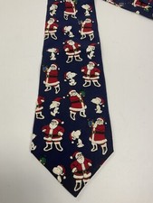 Vtg Christmas Snoopy Peanuts Tie Hanging With Santa Silk USA Made Blue Holiday