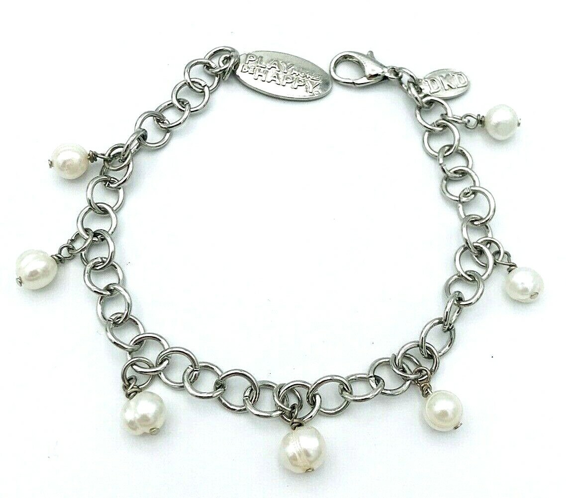 Signed DKD PLAY MORE BE HAPPY Silver Tone Baroque Pearl