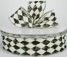 1.5" or 2.5" Wired ribbon cotton vintage look harlequin diamond 5yd CHOOSE WIDTH