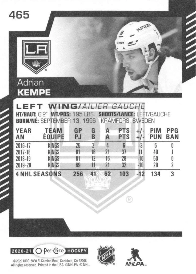 2020-21 O-Pee-Chee Adrian Kempe Los Angeles Kings #465 - Image 2 of 2