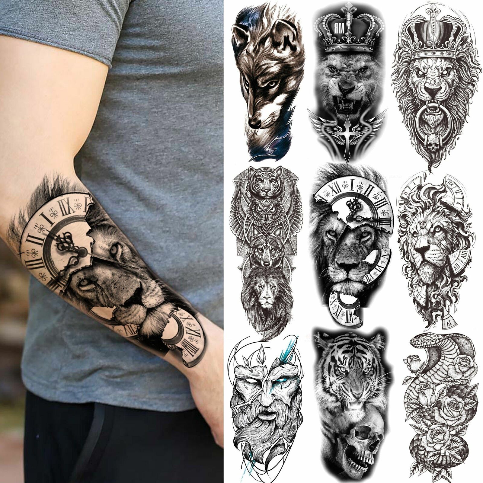 Temporary Tattoos Black Crown Tiger Skull Compass Lion Wolf Snake Men Women  Kids | Ebay