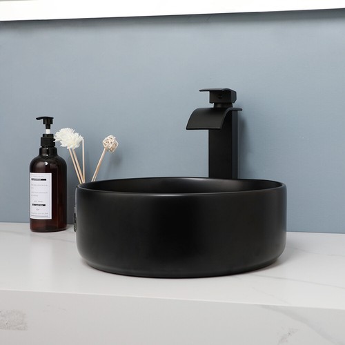Bathroom Black Vessel Sink Round Ceramic Deck Mounted Basin Washing Bowl Faucet - Picture 7 of 9