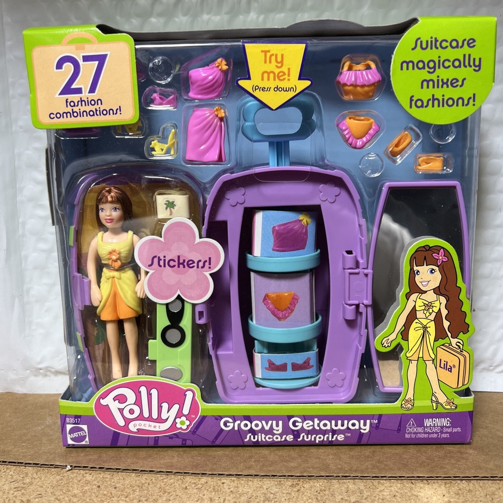 2003 Polly Pocket Mattel #B3517 LILA GROOVY GETAWAY SUITCASE SURPRISE 27 fashion