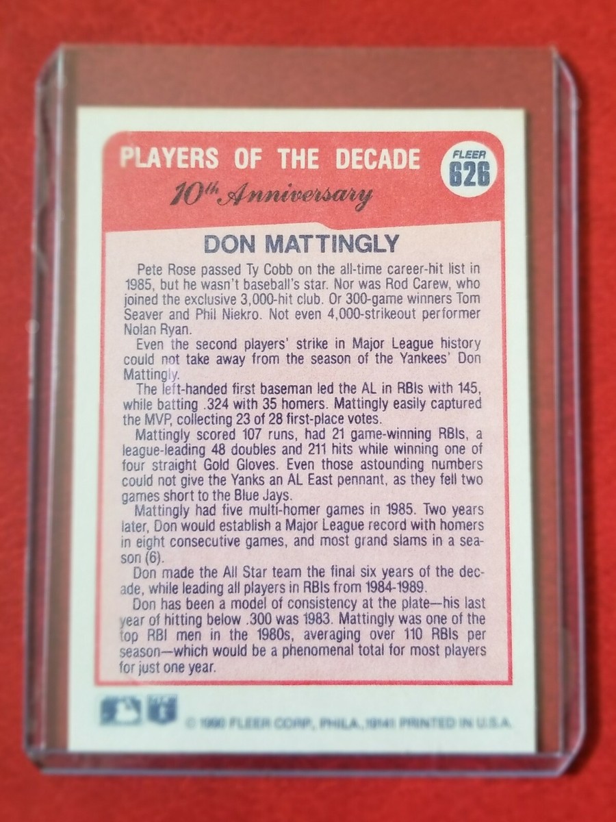 Fleer 90 Baseball Don Mattingly 10th Anniversary #626 | eBay