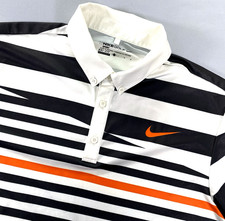 Nike Golf Polo Shirt Mens Large White Black Striped Orange Swoosh Dri Fit