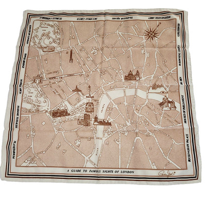 Cornelia James Sights Of London Scarf 26'' Square Vtg Brown Cream Map Hand Rolled