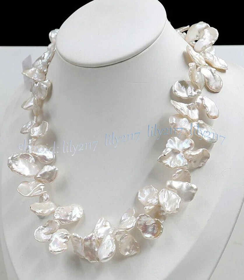 Редкий 15-20 мм реальный натуральный блеск белый плоский монета барокко жемчуг ожерелье 18 дюймов - Изображение 2 из 4