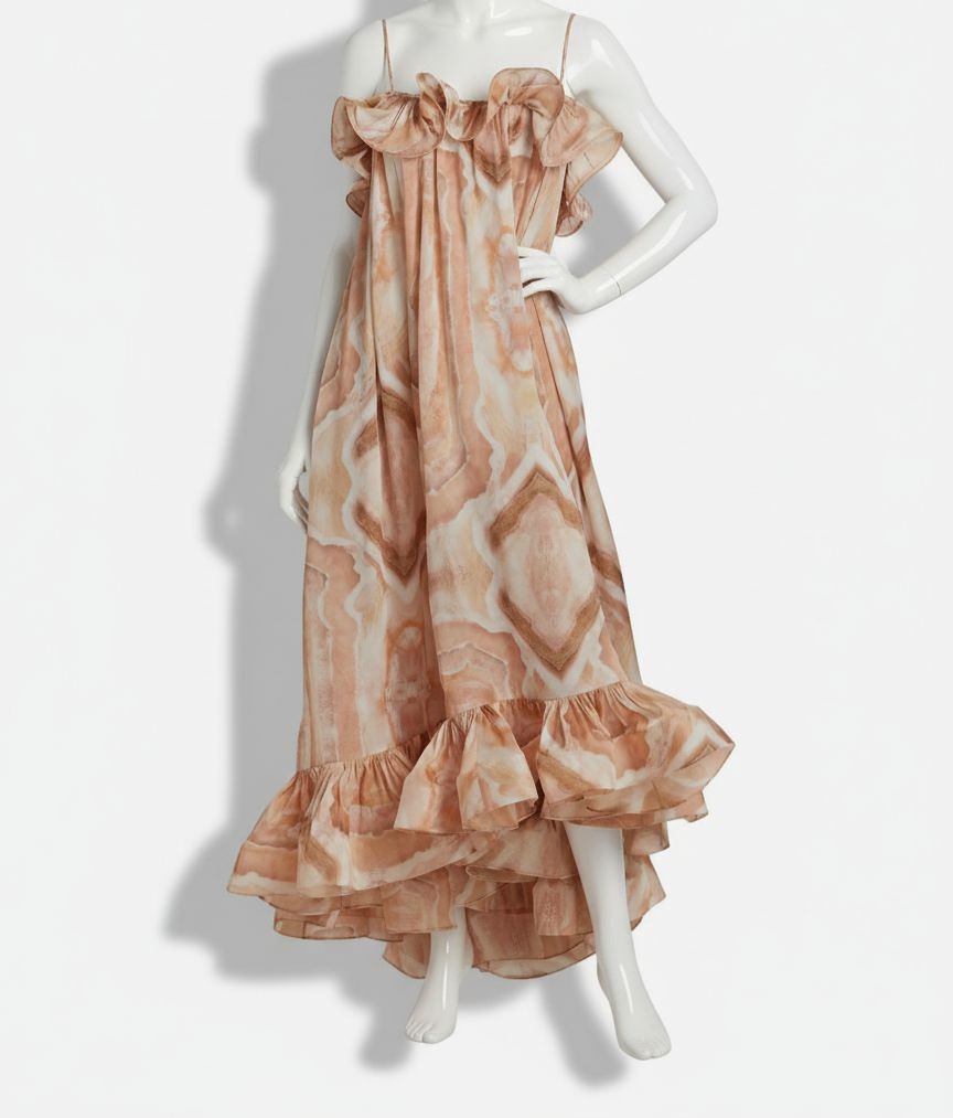 Zimmermann Women's Beige Illuminate Flounce Printed Gown Dress Size 1