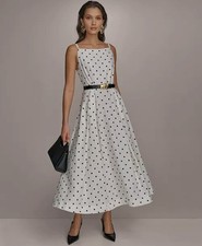 Donna Karan New York Women's Size 2 Polka Dot A-Line Linen Belted Midi Dress NWT