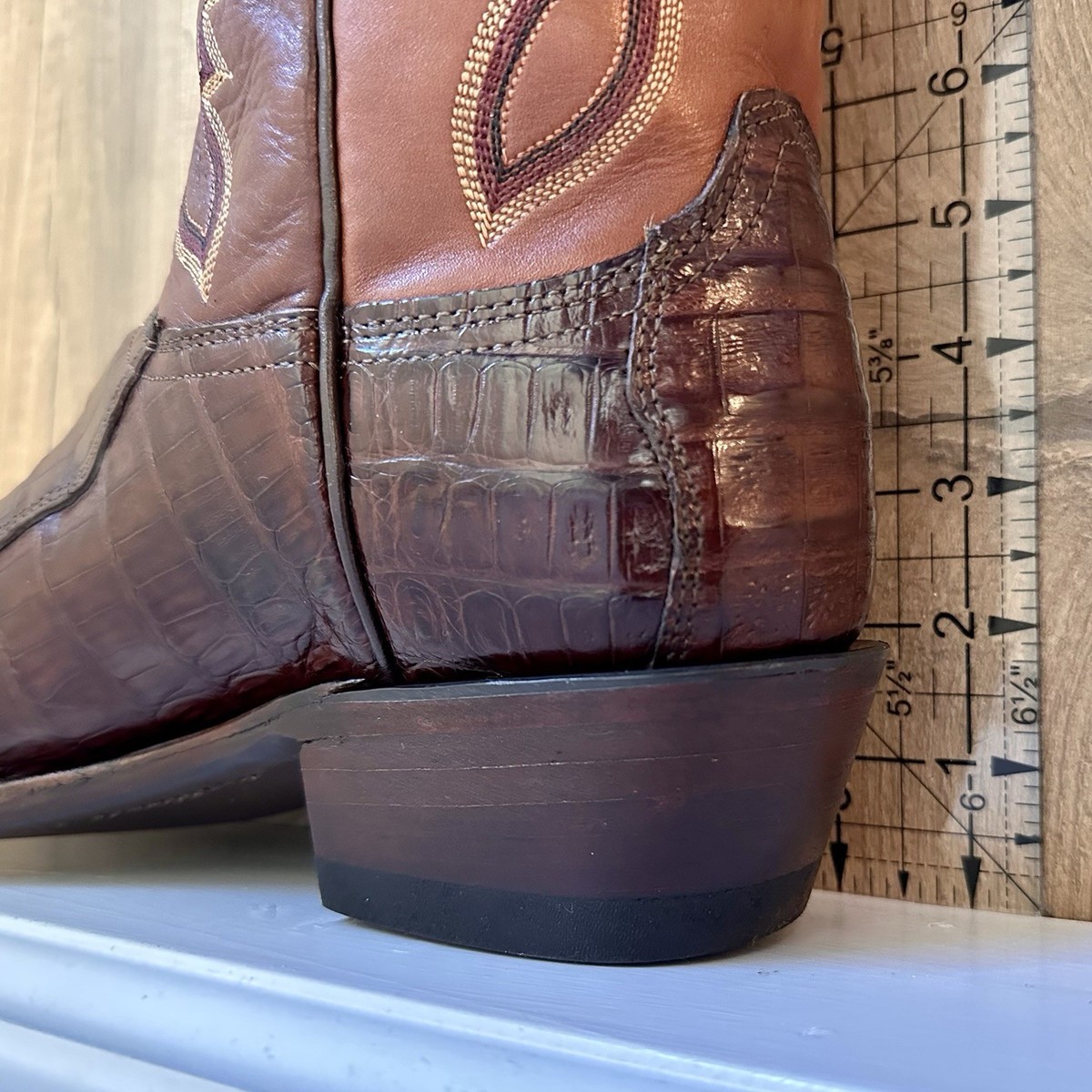 1883 Lucchese Brown Leather Caiman Inlay Snip Toe Cowboy Boots Embroider Men 8 D LUCCHESE 1883 Caiman Boots 8 D Men main image 4