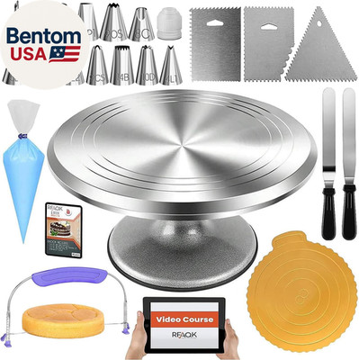 50Pcs Cake Decorating Supplies Kit with 12'' Aluminum Rotating Cake Turntable Sta