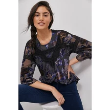 New Anthropologie Zelda Burnout Floral Velvet Blouse $168 SMALL Black