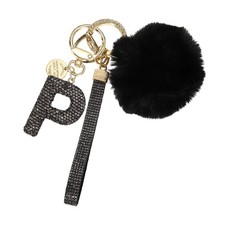 Initial Letter P Keychain with Pom and Rhinestone Wristlet, Grey