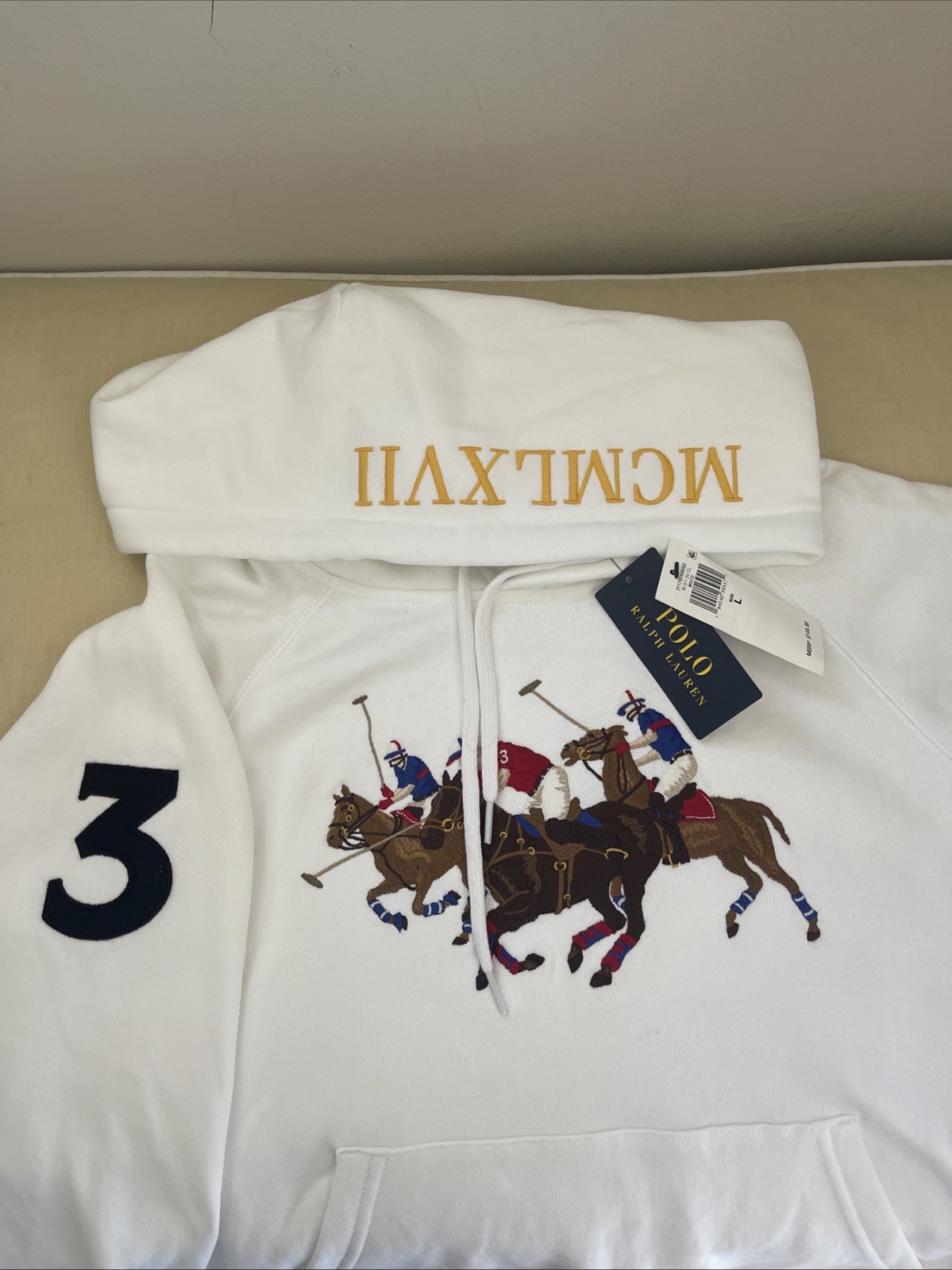 Polo Ralph Lauren Triple Pony bianca con cappuccio ricamata equestre nuova con etichetta taglia large
