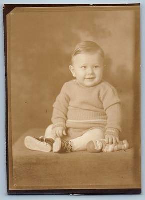 c1905 Cute Baby Boy Smiling With Stuff Toy Studio RPPC Photo Antique Postcard