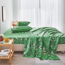 Queen Sheet Set Green Floral 4 Pcs Bed Sheet Set Boho Flat Sheet Fitted Sheet...