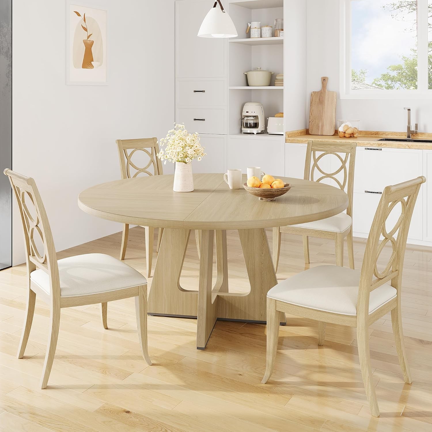 47" Round Dining Table Set for 4 to 6, Farmhouse Kitchen Table with Wooden and