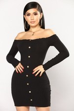 Fashion Nova Jacklyn Off Shoulder Mini Dress Black Bodycon Ribbed LBD Long Sleev