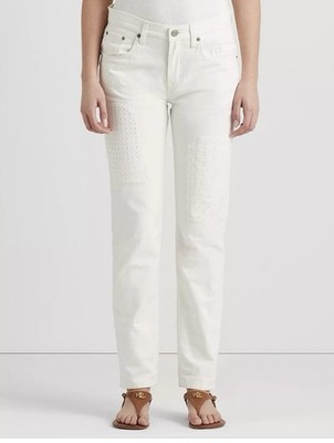Ralph Lauren Eyelet-Patchwork Relax White Wash Ankle Jeans, White, Size 2, $195