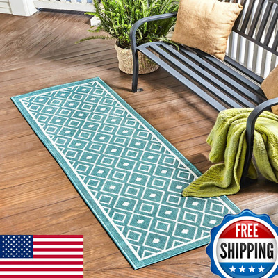 Unique Loom Outdoor Trellis Collection Area Rug - Kafes 2X 8 Runner Teal/ Ivory