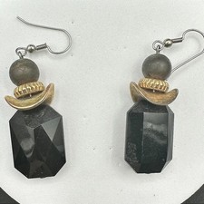 Vintage 90s Black Faceted Drop Earrings Gold Tribal-Inspired Boho Statement