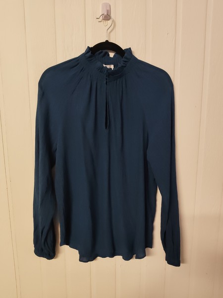 WITCHERY size 14 teal green crepe high neck keyhole long balloon sleeve blouse