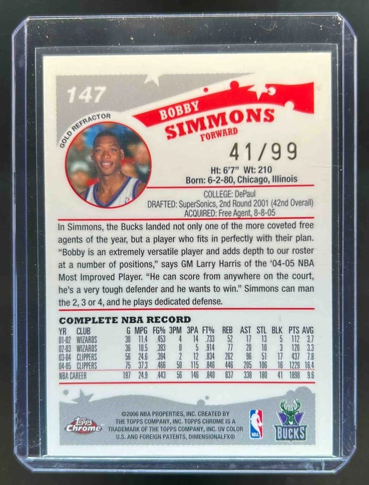2005-06 Topps Chrome Bobby Simmons Refractor Gold #41/99 Bucks - Image 2 of 2