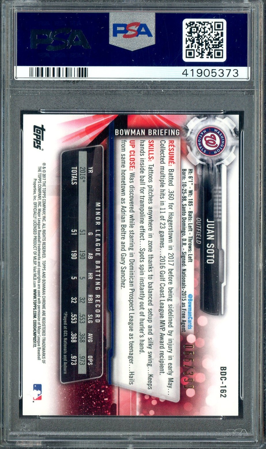 2017 Bowman Chrome Sky Blue Refractor #BDC162 Juan Soto RC Rookie 66/399 PSA 10 view 2