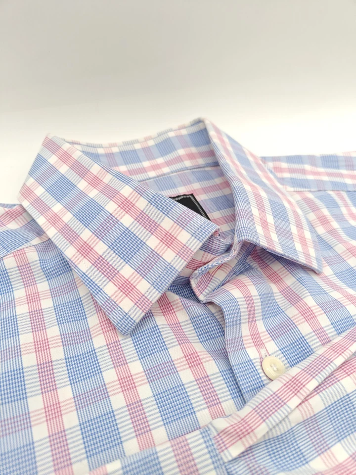 🇺🇲 Camisa de vestir David Donahue para hombre 100 % algodón 16x33 azul rosa a cuadros Foto 4 de 4