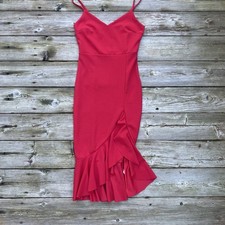 Boohoo Women's Red Spaghetti Strap Dress Size 8 Front Slit Ruffle Mid NWT