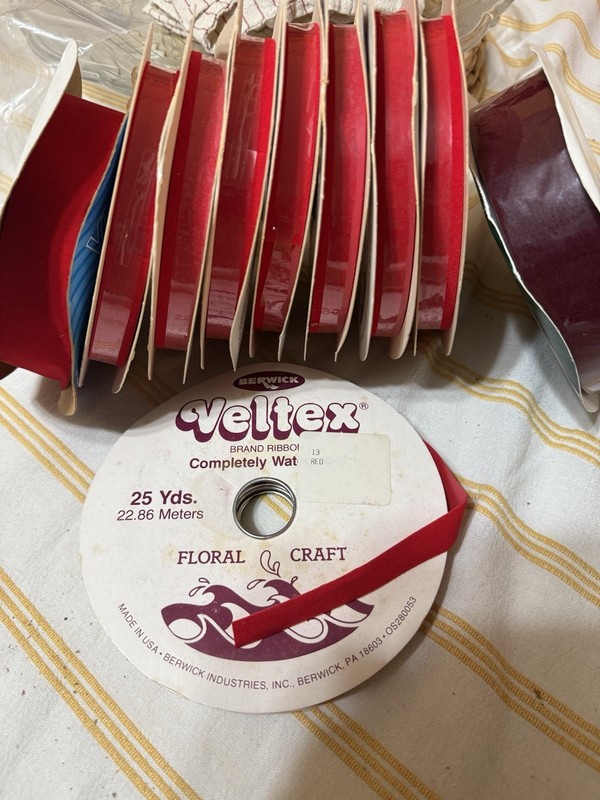 Lot Of 10 - Vintage Berwick Veltex 25 Yards Floral Craft Ribbon Burgundy & Red