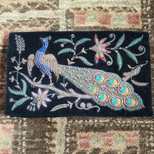 VTG Zari Zardosi Embroidered Peacock Black Velvet Metallic Thread Clutch Purse