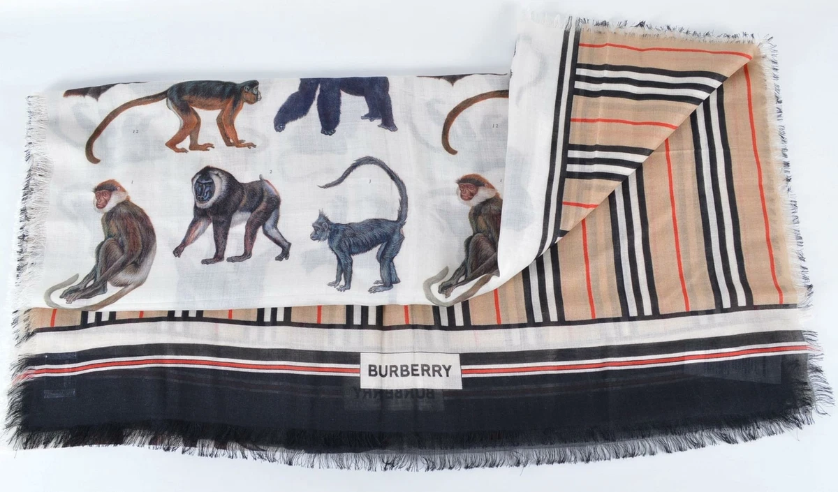 New Burberry 390 Multicolor ILLUSTRATED MONKEY Silk Wool Nova