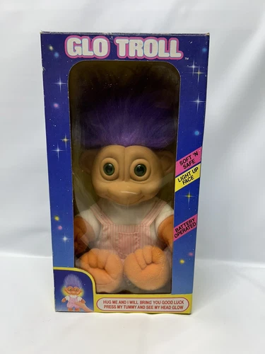 Vtg 1992 Soma Glo Troll Doll with Green Light Up Eyes Purple Hair 10” With Box