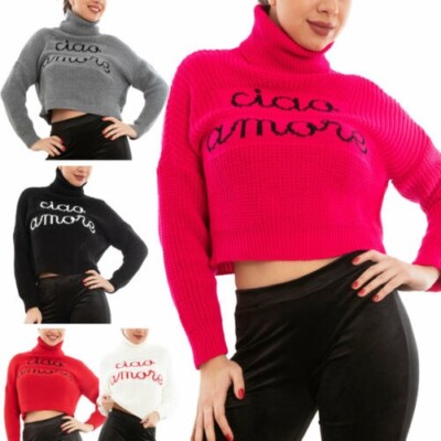 Women's Short Crop Sweater Hello Love Pullover Knit Turtleneck TOOCOOL VI-3065