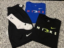 NWT NIKE BOYS 4 PC SET SHORT SLEEVE SHIRTS  DRI-FIT SHORTS BLUE BLACK XL 13-15